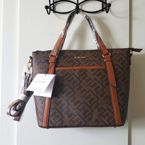 Ellen Tracy Brown Faux Leather Shopper Tote Satchel NWT - Picture 1 of 8